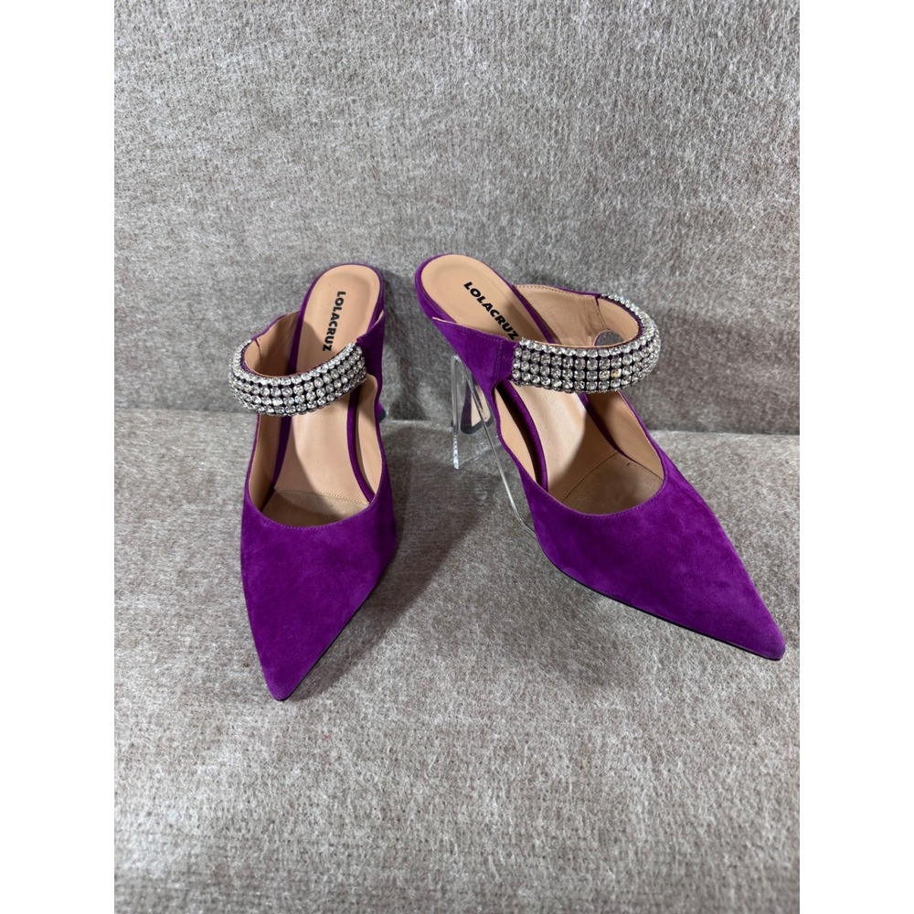 Lola Cruz Suede Mules Women 40 Purple Rhinestone Strap Pointed Toe Stiletto